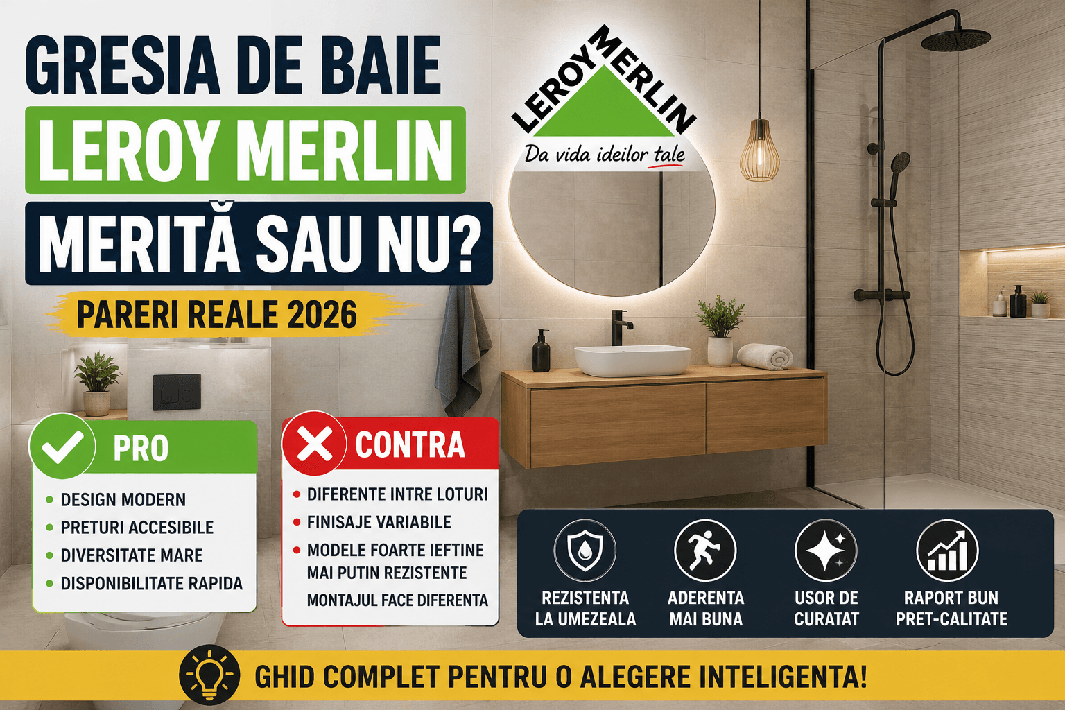 Gresia de baie de la Leroy Merlin in 2026: merita sau nu? Pareri reale, avantaje si dezavantaje
